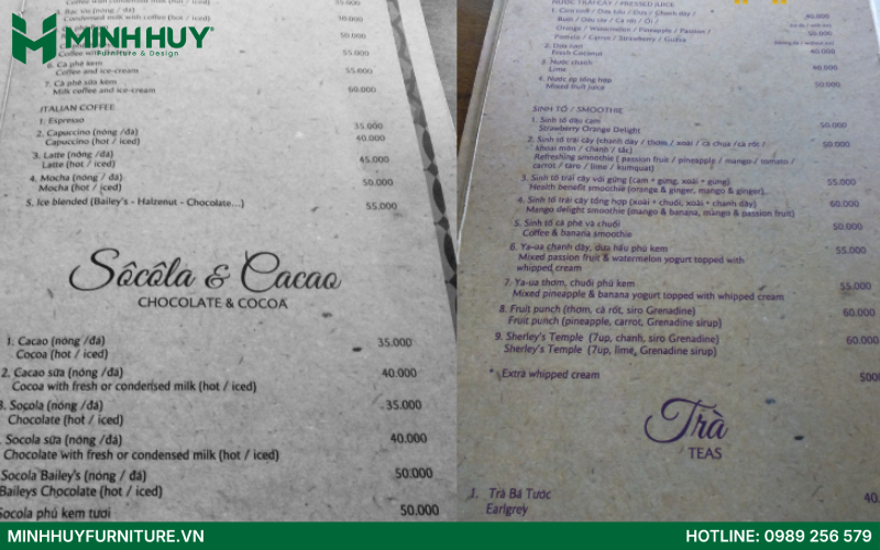 Menu Quán cafe nghệ thuật bâng khuâng