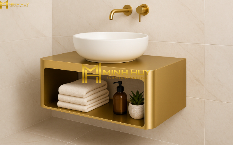 Bệ đỡ lavabo inox mạ vàng âm tường kèm kệ mở