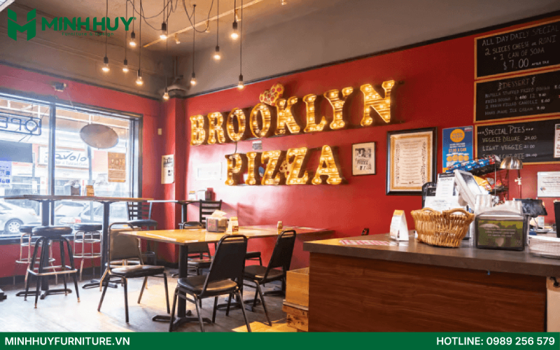 Mẫu thiết kế nội thất nhà hàng Pizza đẹp với gam màu ấm áp