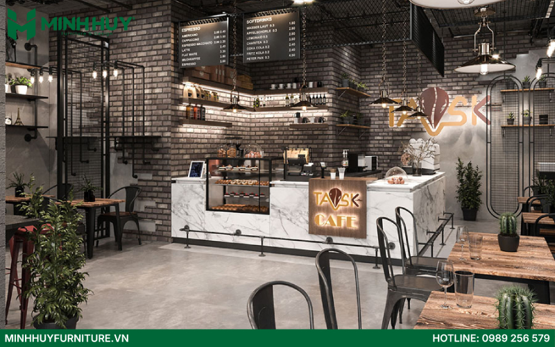 thiết kế quán cafe phong cách industrial
