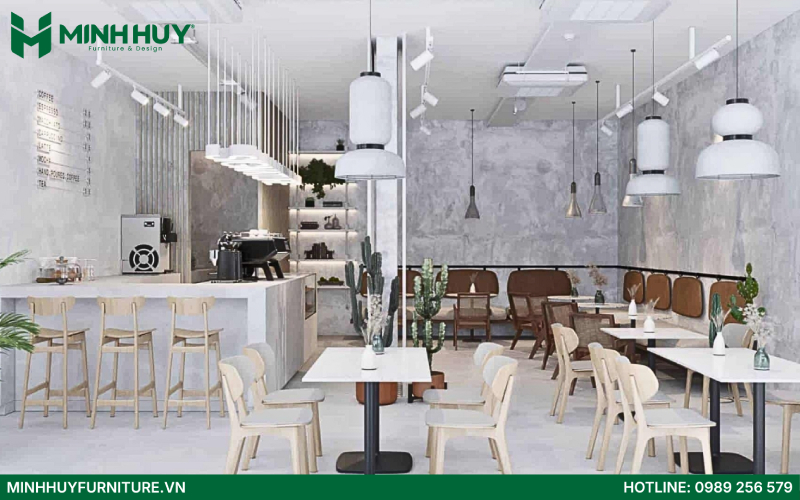 mẫu thiết kế quán cafe phong cách tối giản