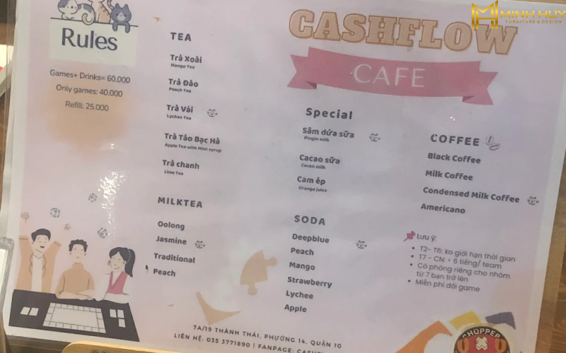 Menu quán cafe boardgame Cashflow Cafe