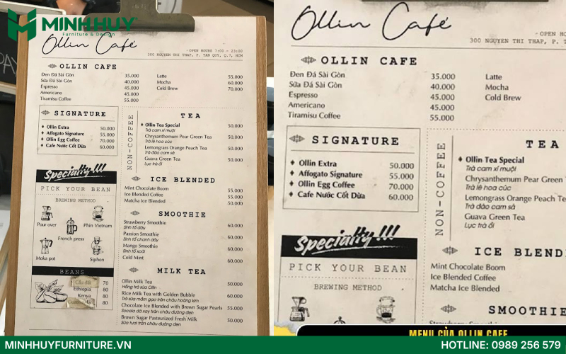 Menu Quán cafe phong cách tối giản Ollin Cafe