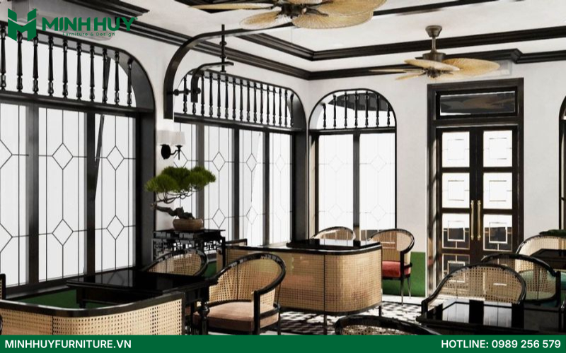 thi công nội thất nhà hàng phong cách Indochine chuyên nghiệp
