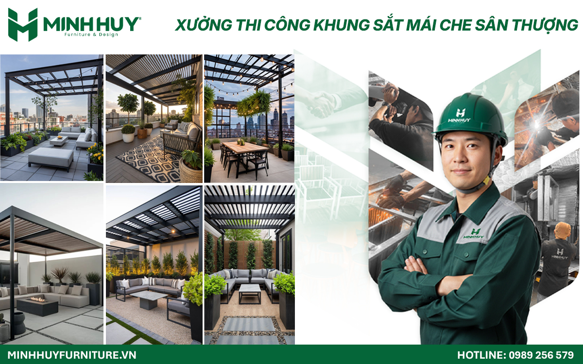 xưởng thi công khung sắt mái che sân thượng tphcm