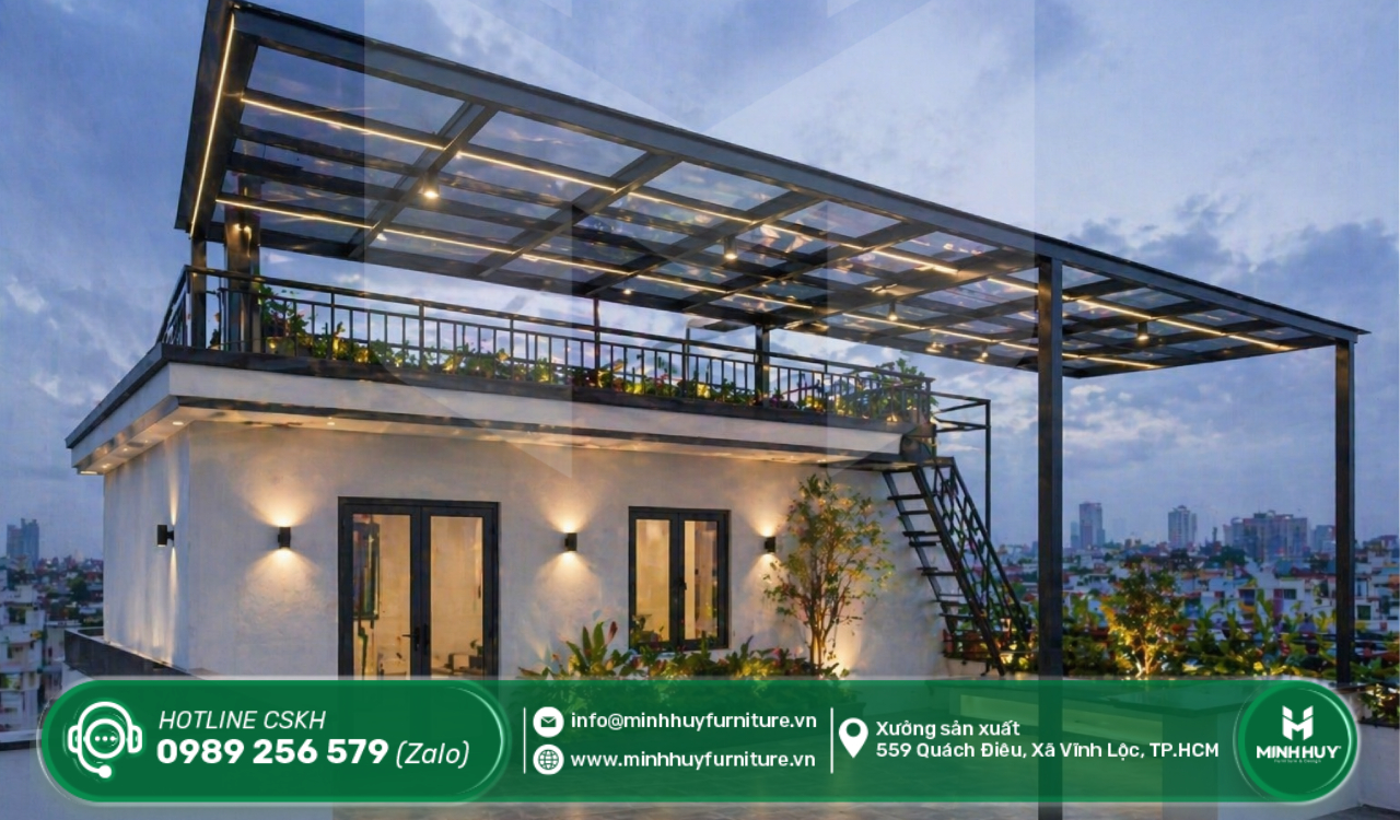 làm khung sắt mái che sân thượng quận gò vấp tphcm
