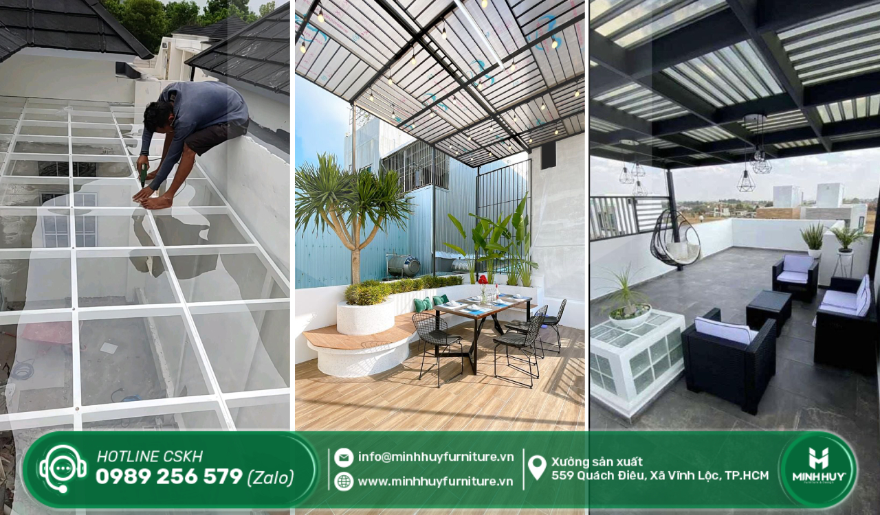 lắp đặt khung sắt mái che sân thượng hóc môn tphcm