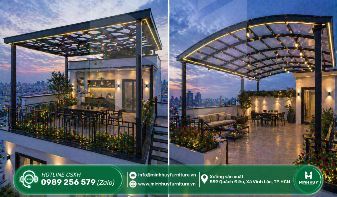 xưởng làm khung sắt mái che nắng sân thượng nhà bè tphcm