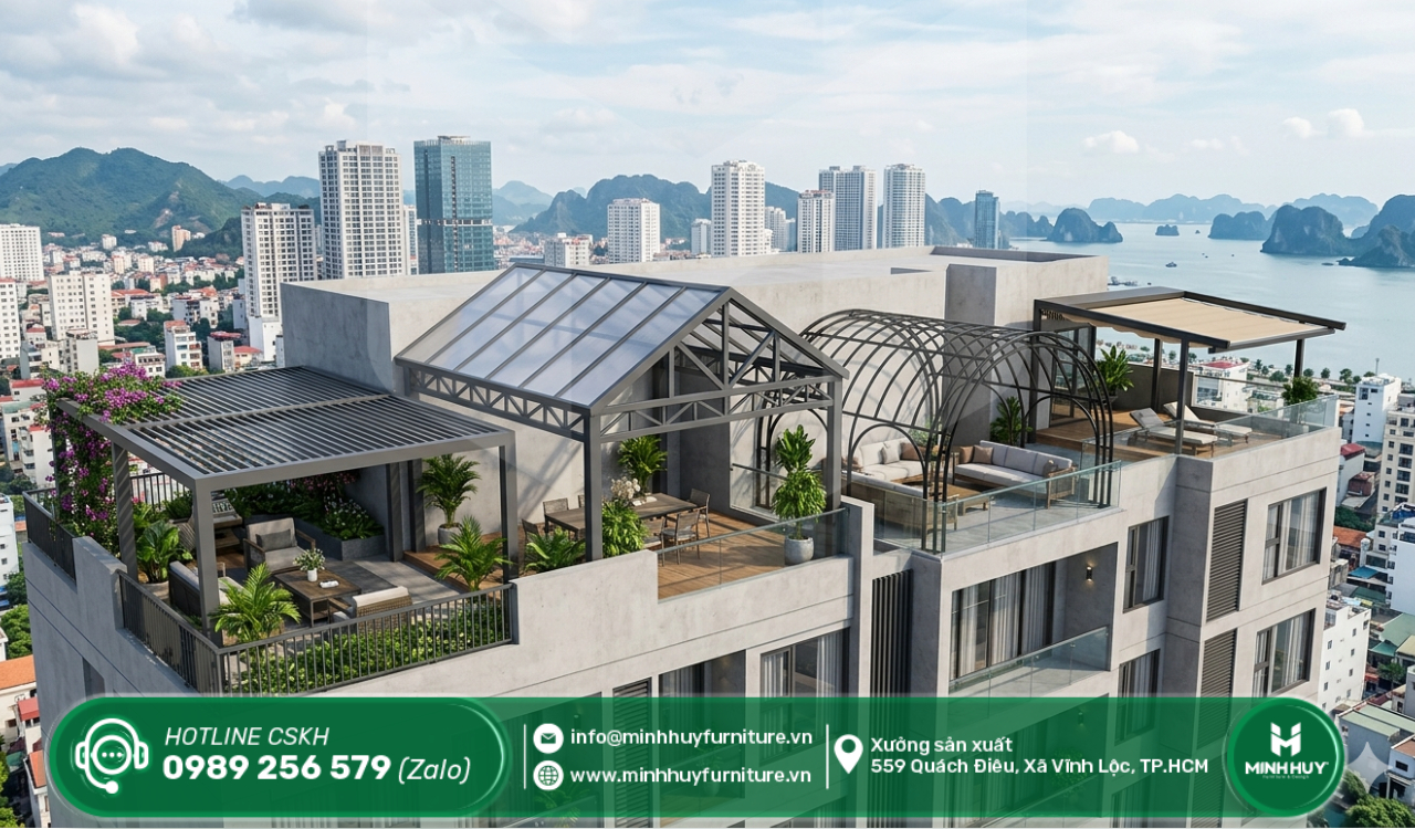 làm khung sắt mái che sân thượng nhà bè tphcm