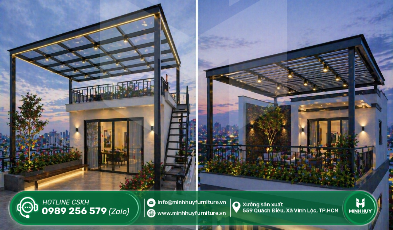 thi công khung sắt mái che sân thượng nhà bè tphcm