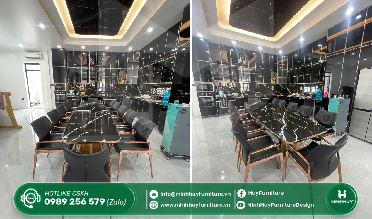 bộ bàn ăn gia đình inox mạ vàng