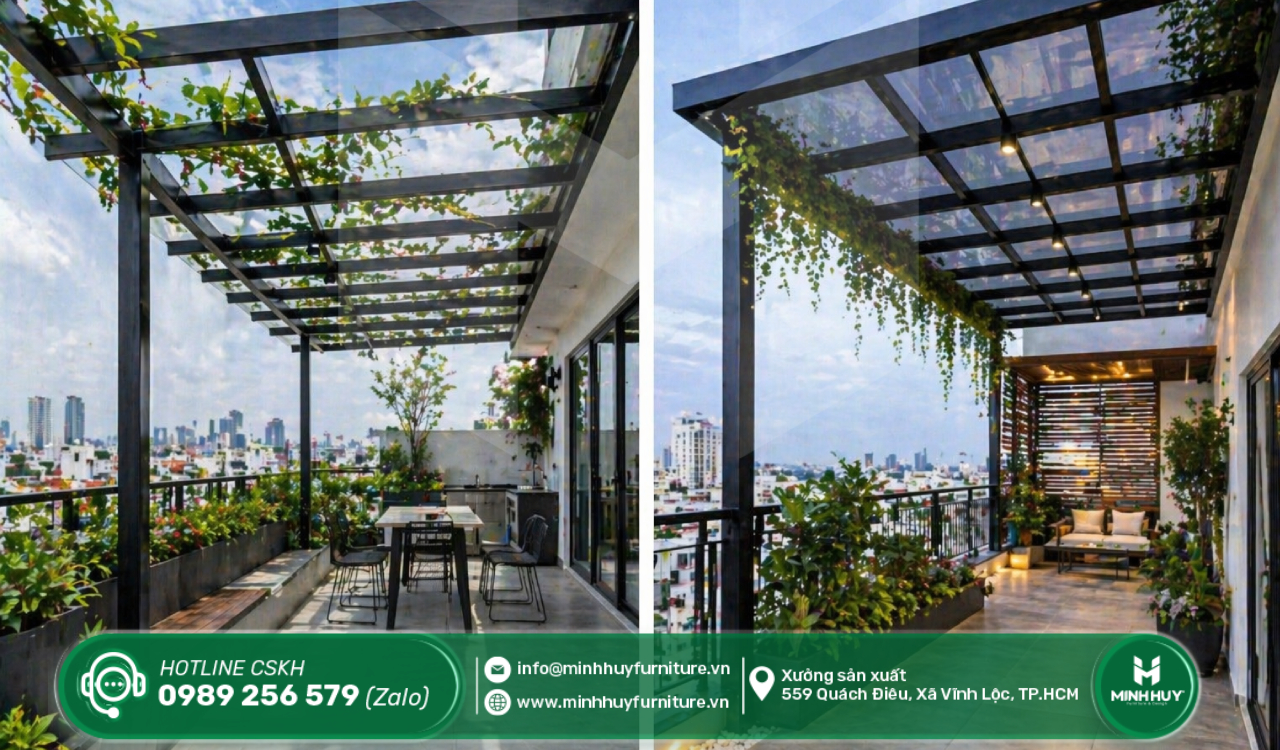 lắp đặt khung sắt mái che nắng sân thượng quận bình tân tphcm