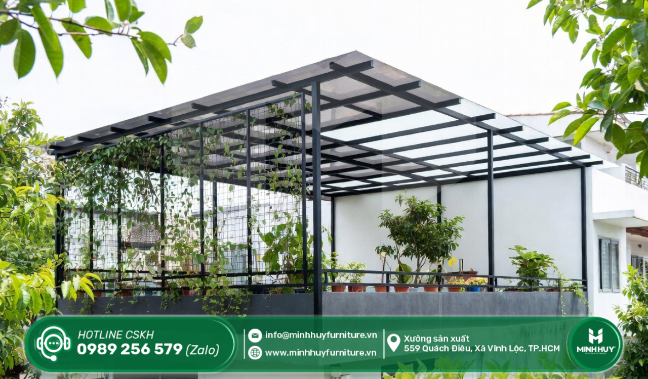 lắp đặt khung sắt mái che nắng sân thượng quận tân bình tphcm