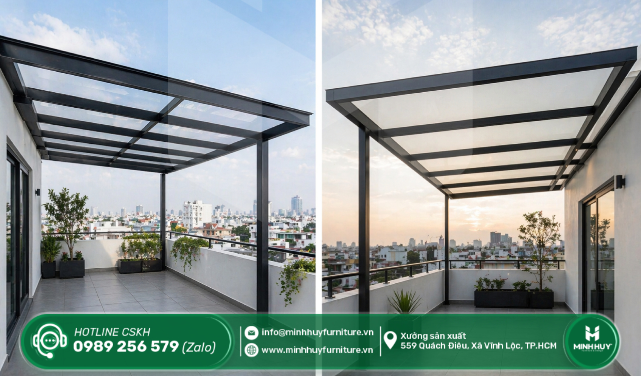 thi công khung sắt mái che mưa sân thượng quận bình tân tphcm