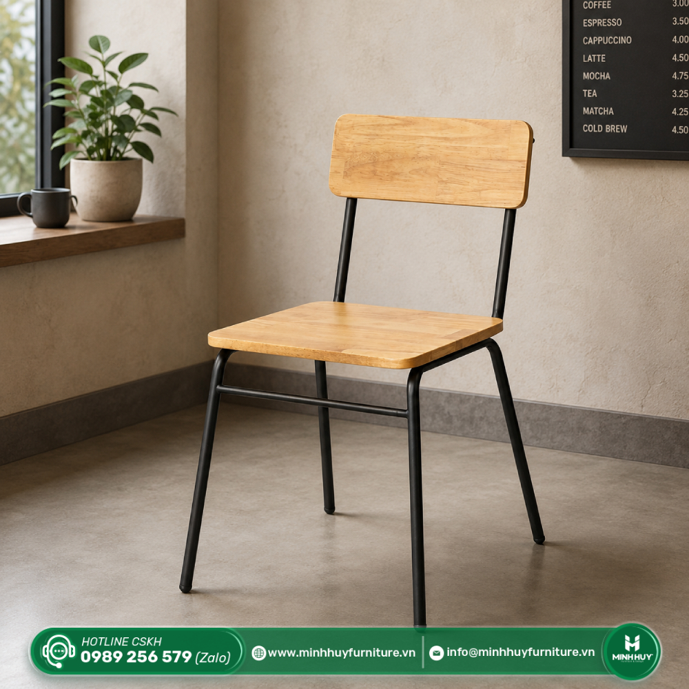 Thông số sản phẩm Ghế Cafe Mặt Gỗ Cao Su Khung Sắt Sơn Tĩnh Điện MH129