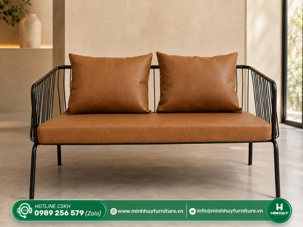 Thông số sản phẩm Ghế Sofa Cafe Băng Khung Nan Sắt Nệm Da Kèm Gối MH222