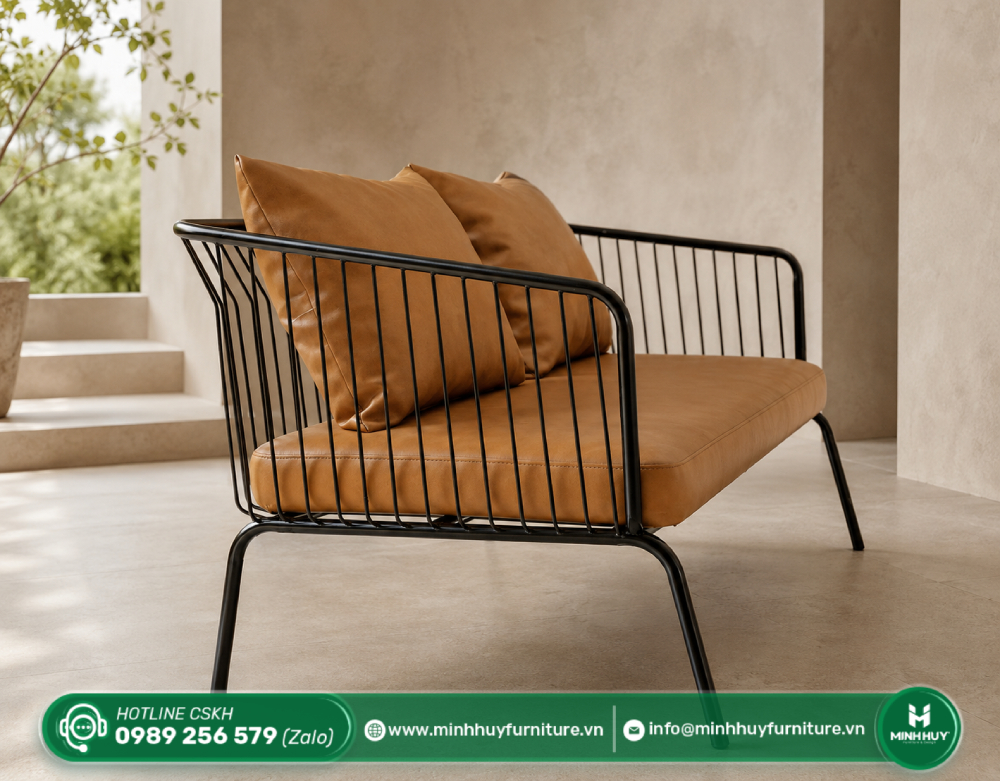 Thông số sản phẩm Ghế Sofa Cafe Băng Khung Nan Sắt Nệm Da Kèm Gối MH222