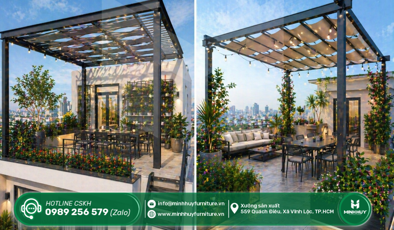 làm khung sắt mái che sân thượng nhà bè tphcm