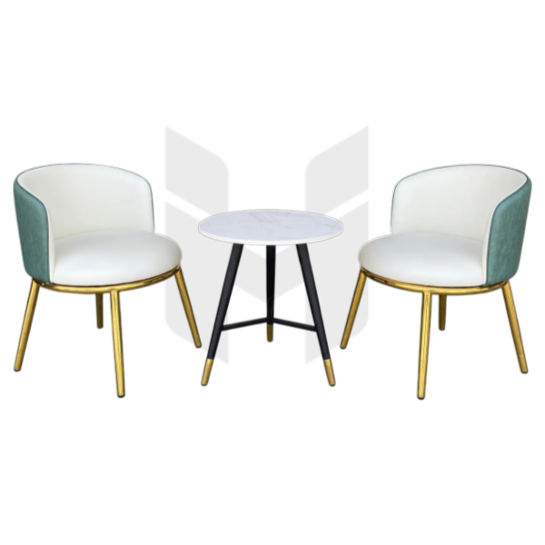 Bộ Bàn Tròn Mặt Đá Kèm Ghế Armchair Bọc Da Chân Xi Mạ MHBBG096