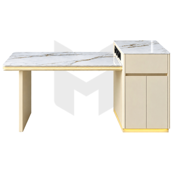 Đảo Bếp Bàn Ăn Thông Minh Mặt Đá Tích Hợp Tủ Phụ Dáng Chữ L Có Đèn LED MHBA053